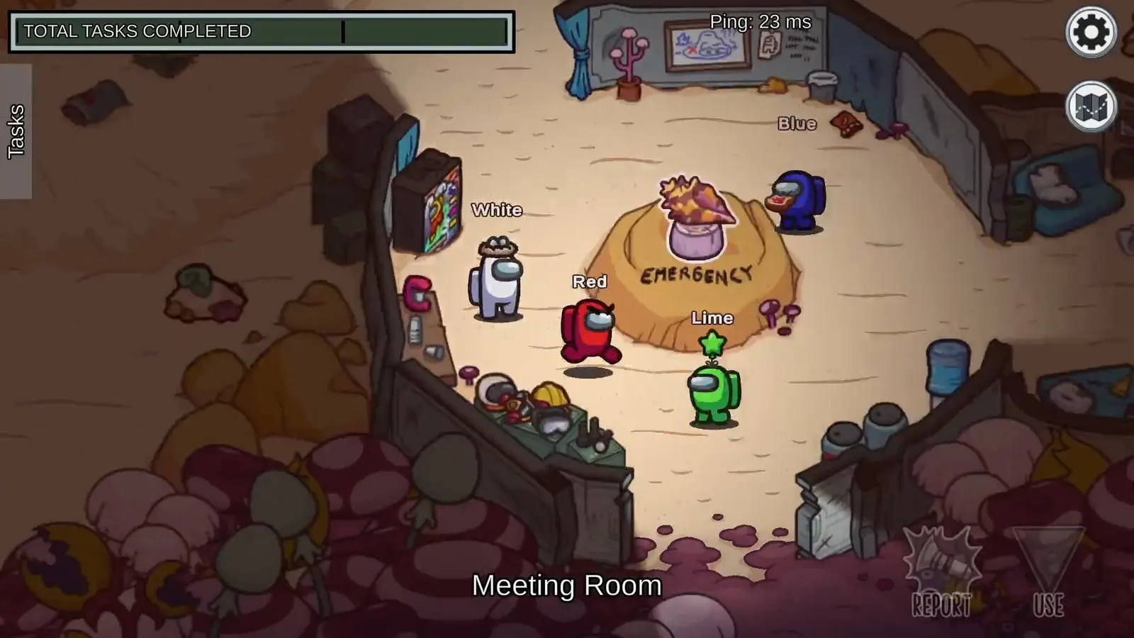 Among Us gameplay: crewmates gathered at the emergency button in the meeting room