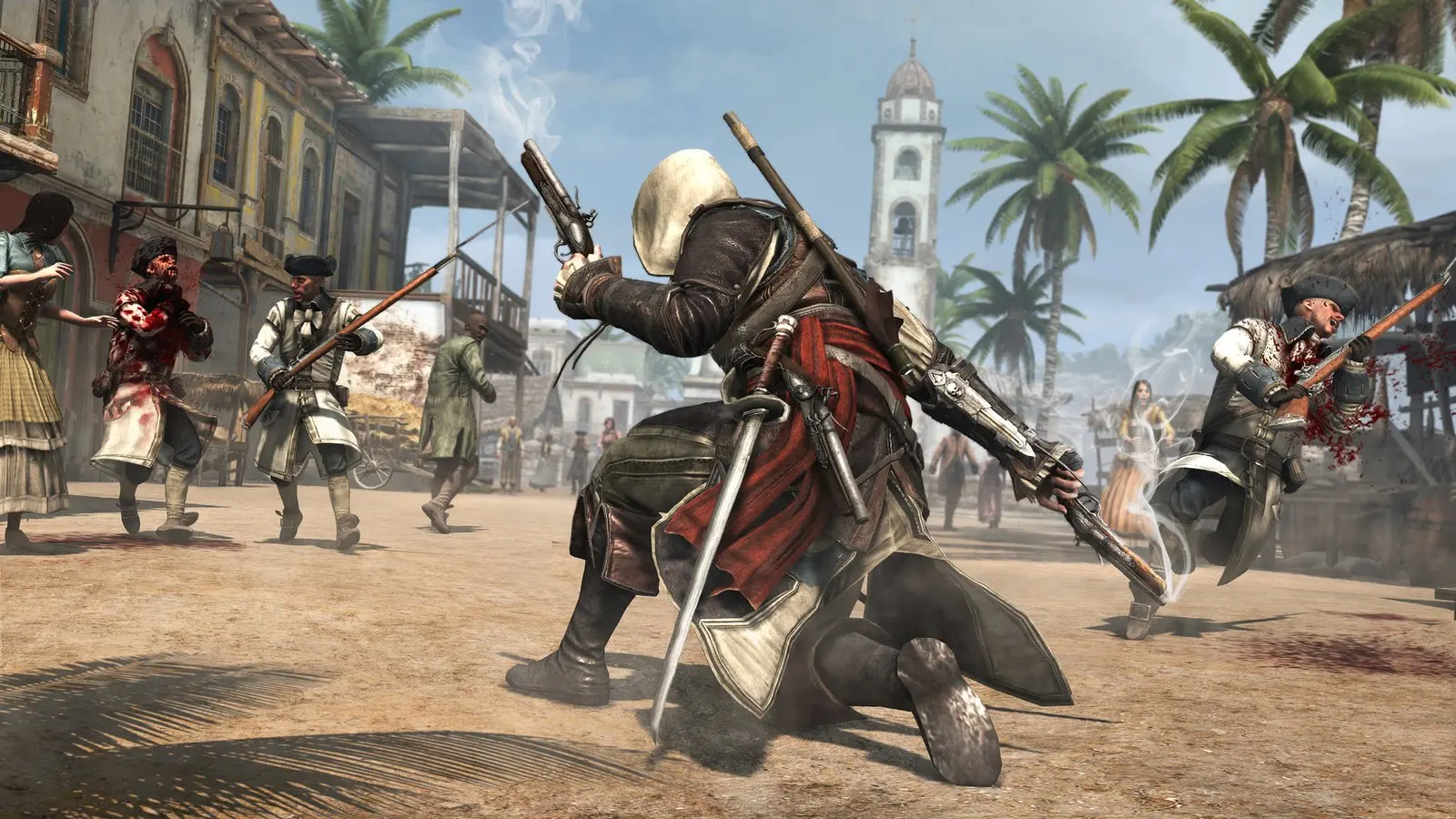 Assassin's Creed IV Black Flag gameplay: Edward fighting redcoat soldiers in a Caribbean town