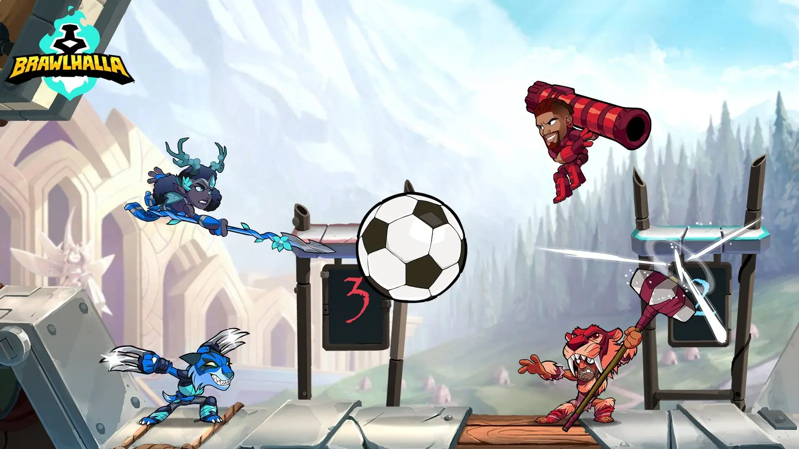 Brawlhalla gameplay: four fighters battling around a football on a floating stage