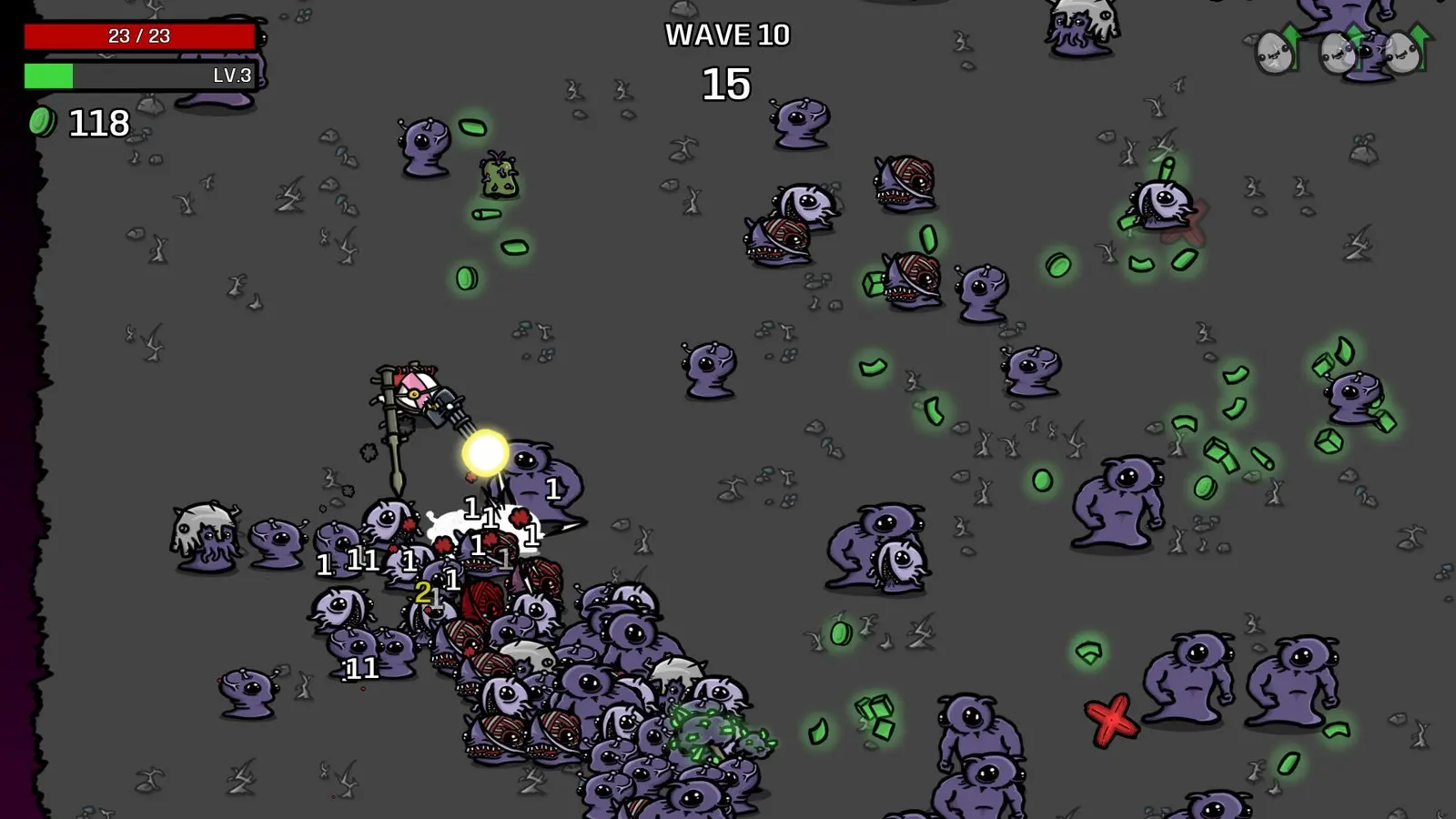 Brotato gameplay: a potato hero surrounded by a wave of purple aliens