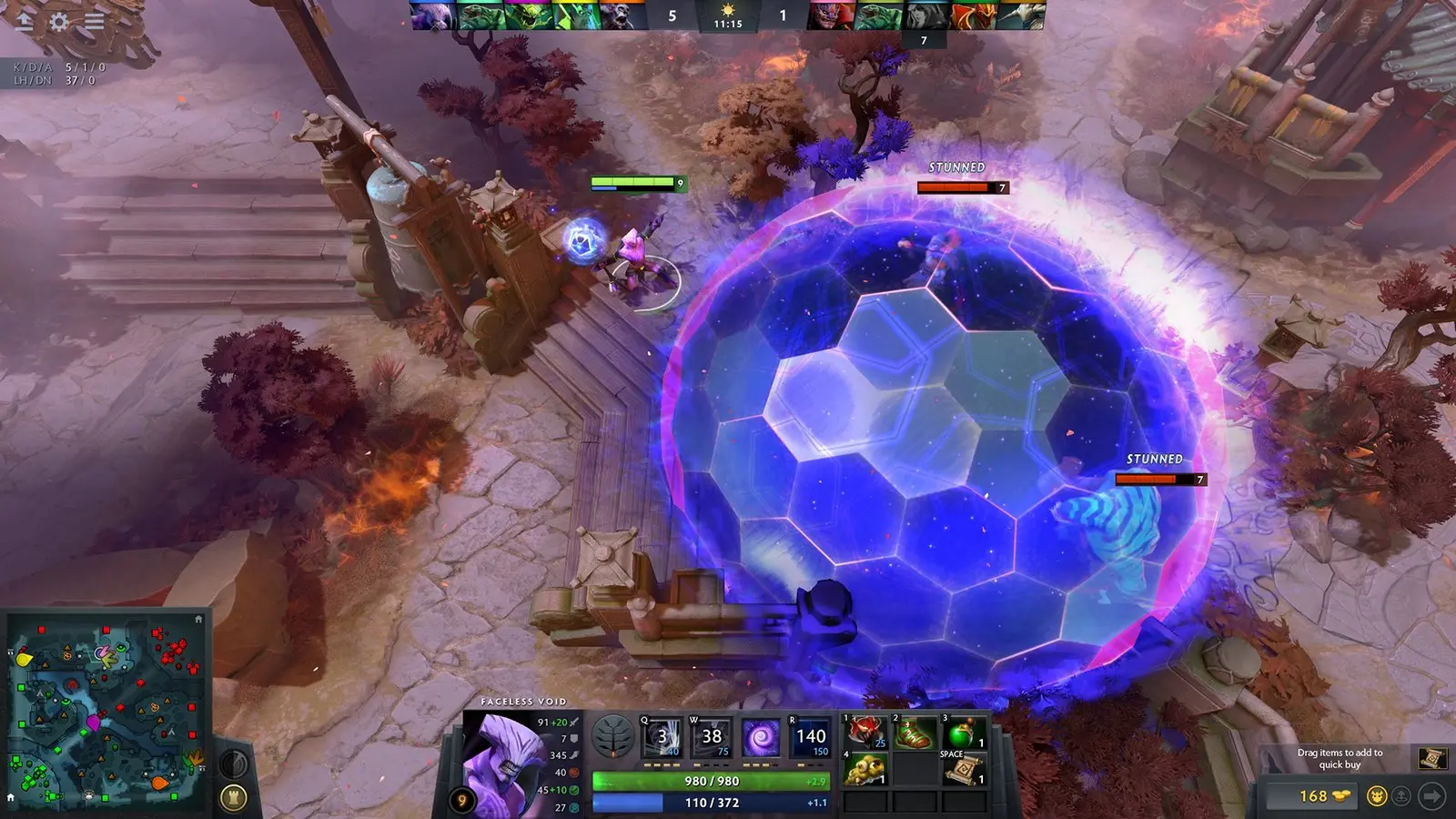 Dota 2 gameplay: a hero inside a glowing purple dome ability in a lane fight
