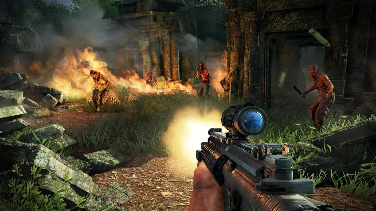Far Cry 3 gameplay: firing a rifle at pirates near a burning jungle ruin