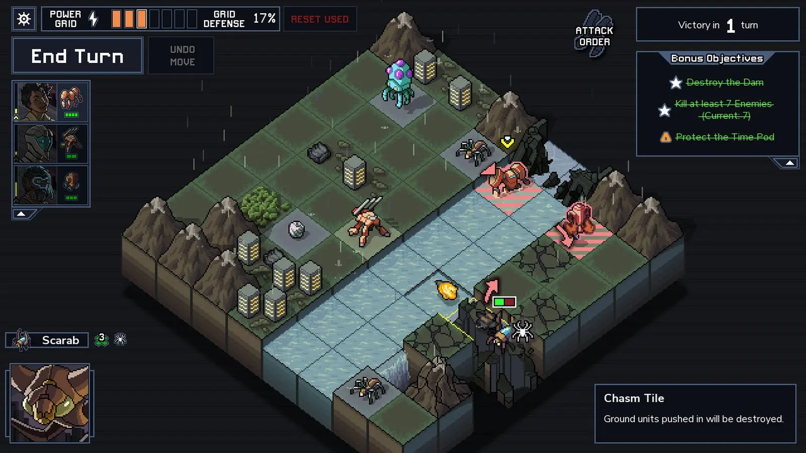 Into the Breach gameplay: mechs and giant bugs on a turn based grid