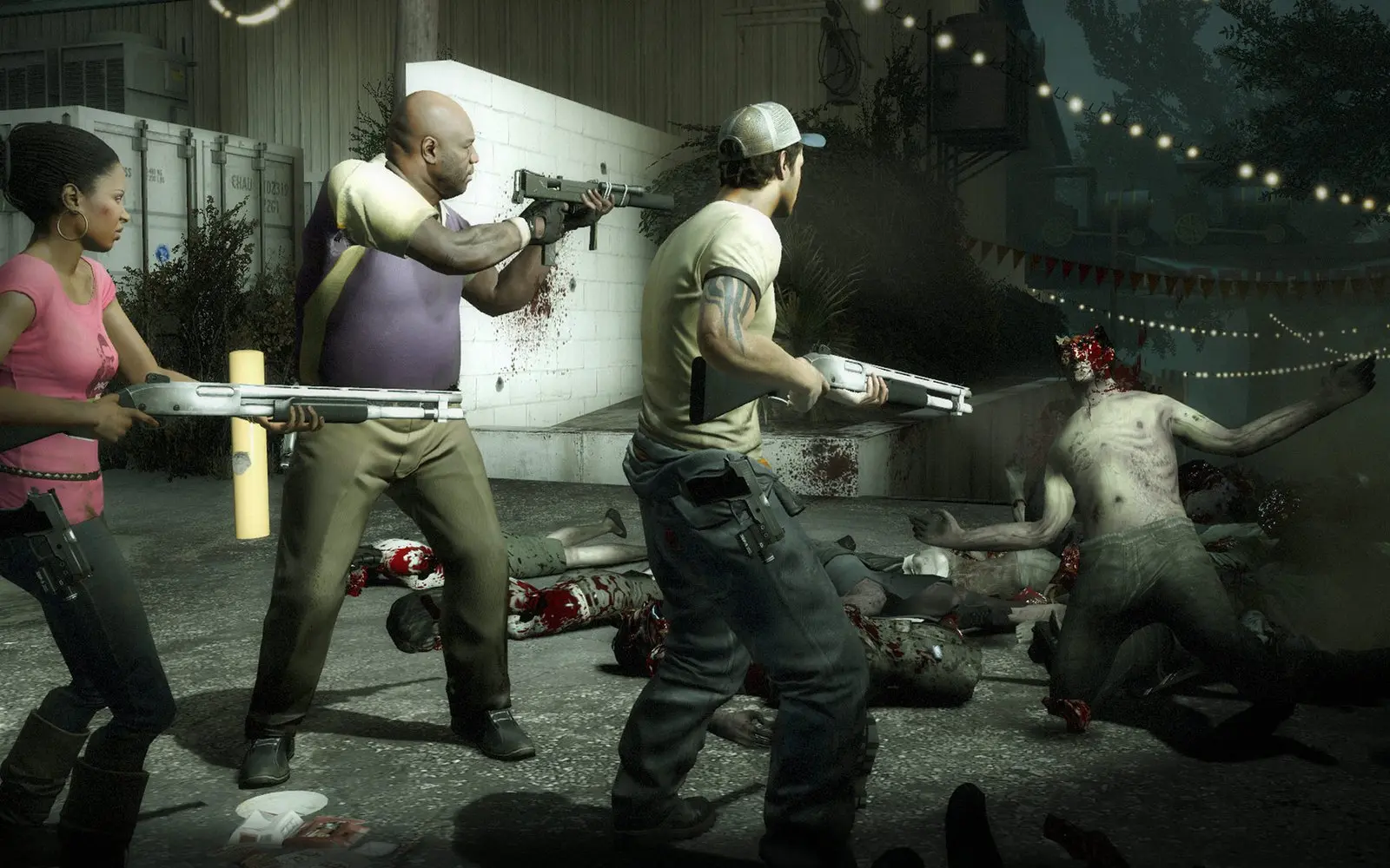 Left 4 Dead 2 gameplay: survivors fighting zombies in a carnival