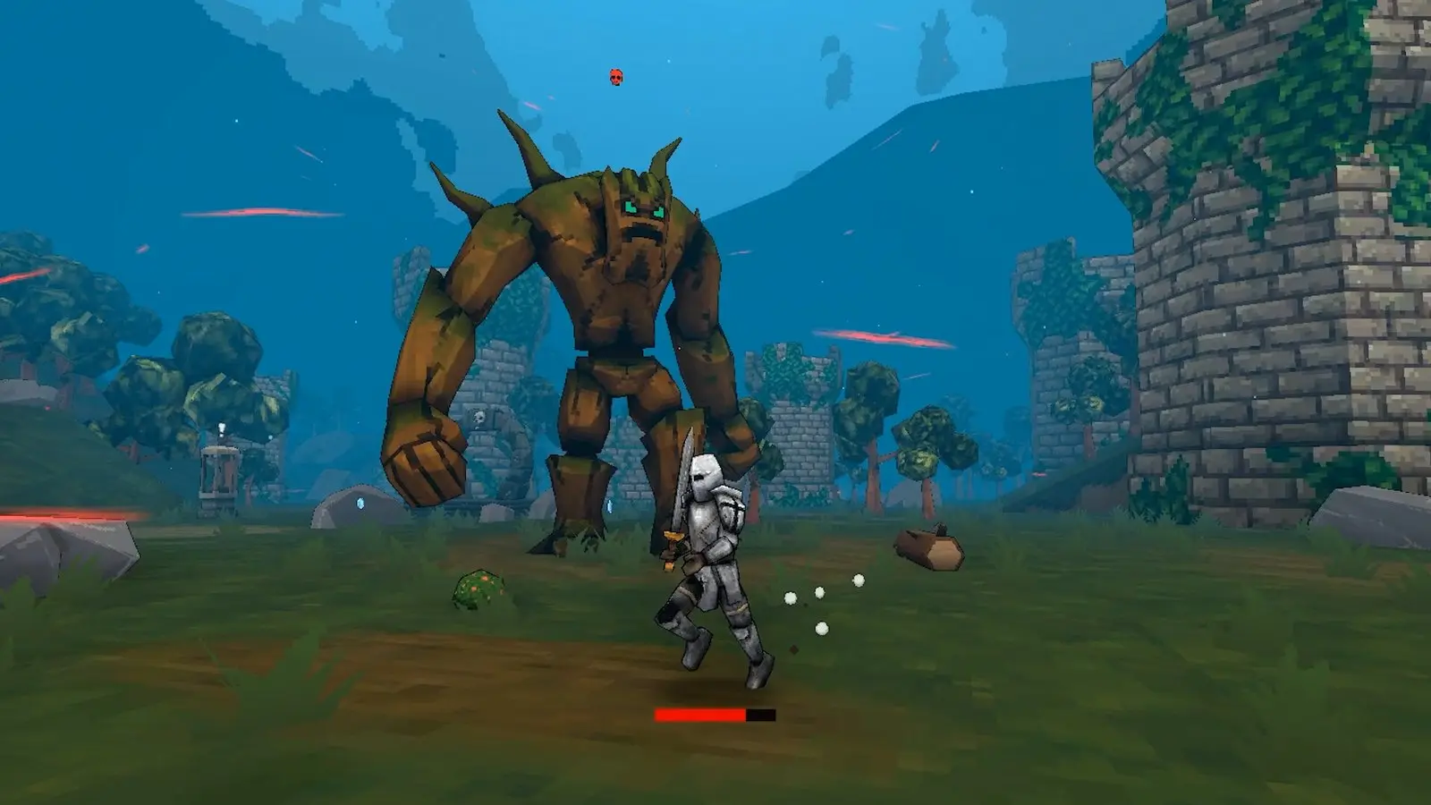 Megabonk gameplay: a small knight facing a giant rock golem in a forest
