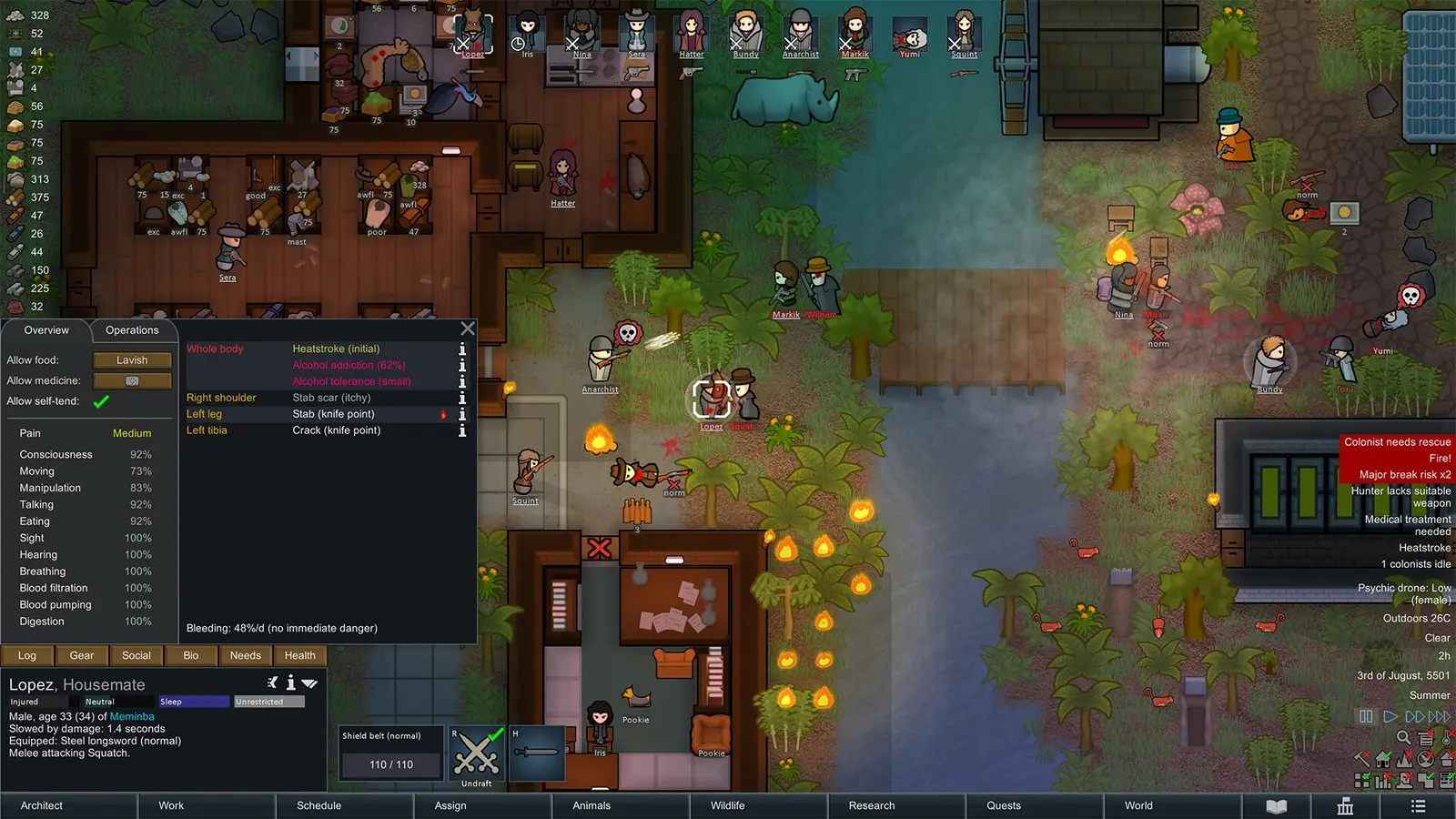 RimWorld gameplay: a colony of rooms and workers seen from above