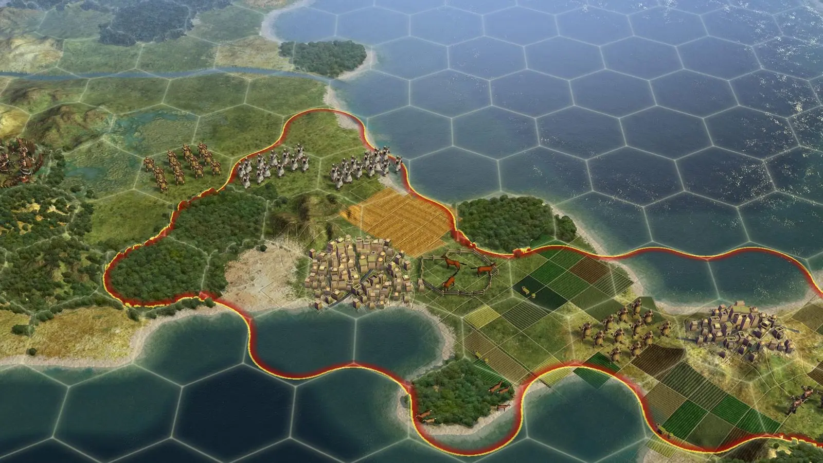 Civilization V gameplay: armies on a hex map with territory borders