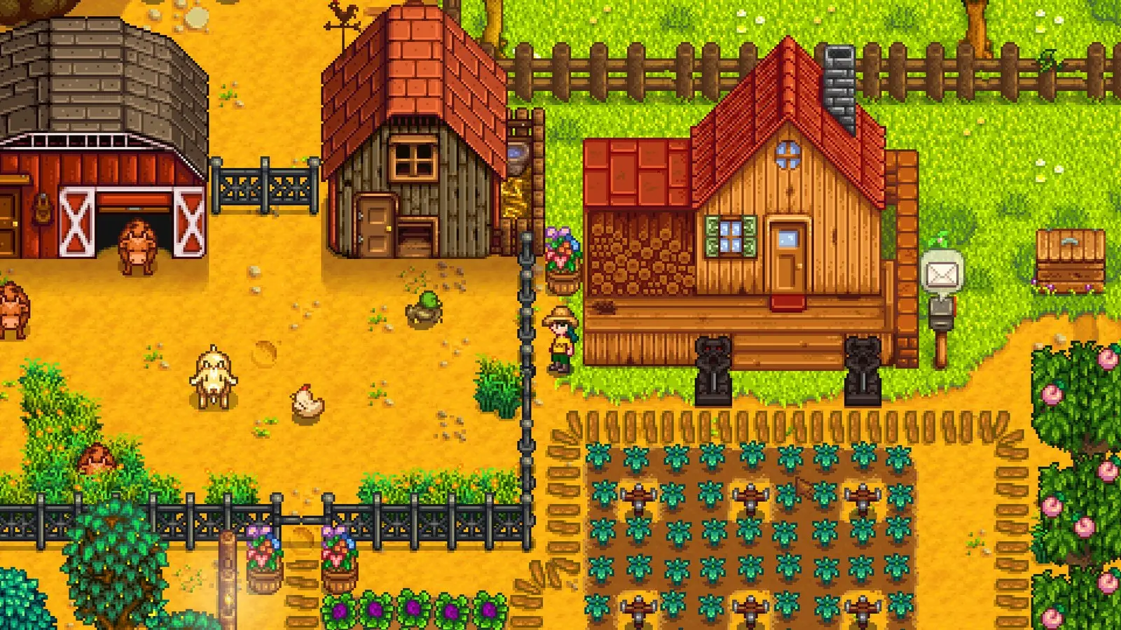 Stardew Valley gameplay: a farmhouse, barn and rows of crops on the farm