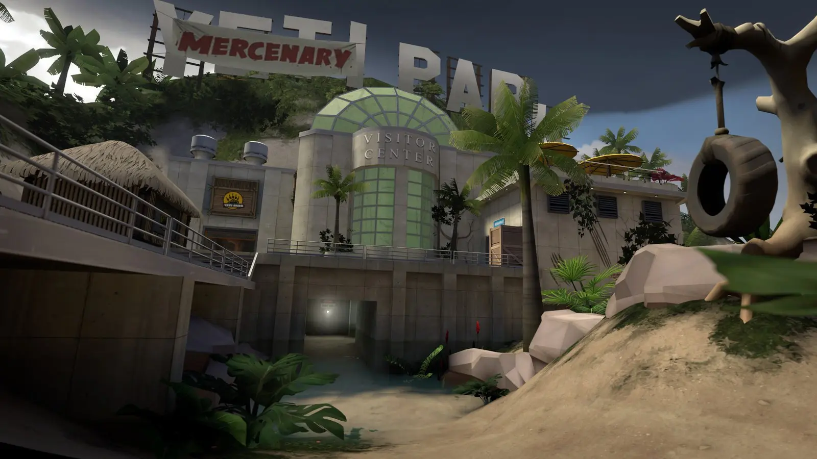 Team Fortress 2 gameplay: a sunny jungle map with a wooden fort
