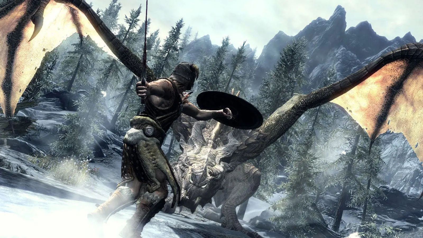 Skyrim gameplay: a warrior with a shield fighting a dragon in the snow