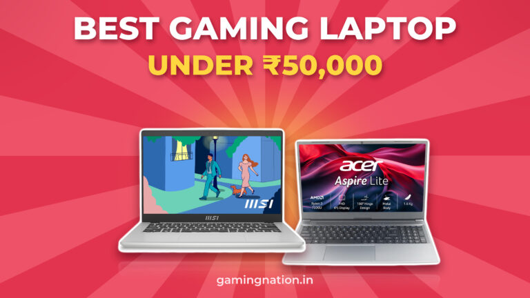 Best gaming laptop under 50000: MSI Modern 14 and Acer Aspire Lite on a red GamingNation banner