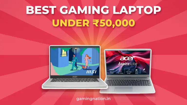 Best gaming laptop under 50000: MSI Modern 14 and Acer Aspire Lite on a red GamingNation banner