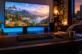 Gaming monitor showing a mountain lake scene on a desk with a keyboard, mouse and steel tumbler at dusk