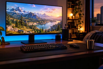 Gaming monitor showing a mountain lake scene on a desk with a keyboard, mouse and steel tumbler at dusk