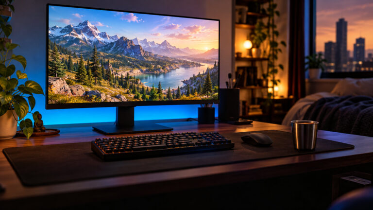 Gaming monitor showing a mountain lake scene on a desk with a keyboard, mouse and steel tumbler at dusk