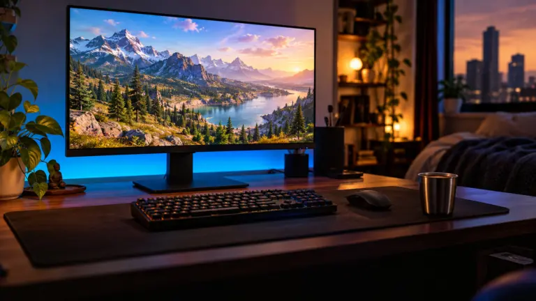 Gaming monitor showing a mountain lake scene on a desk with a keyboard, mouse and steel tumbler at dusk