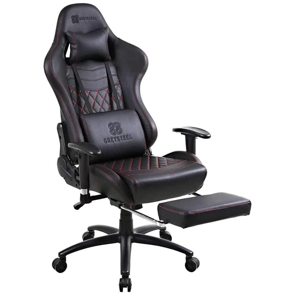 Greysteel Gaming Chair Under 20k With Footrest in India with Red and Black Color Finish