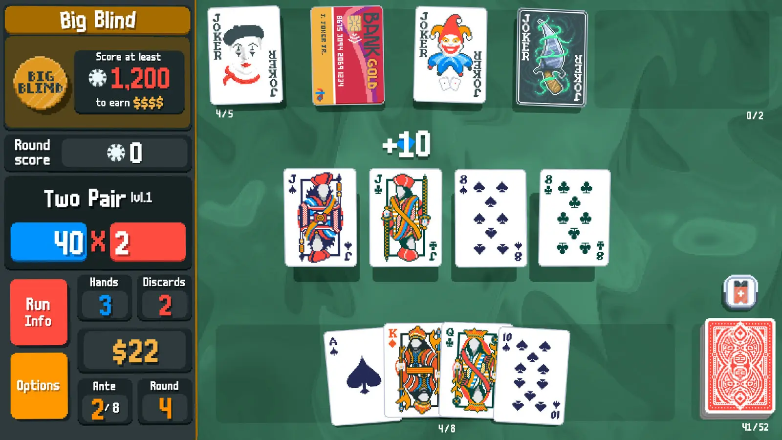 Balatro gameplay: poker cards and score multipliers on a green table