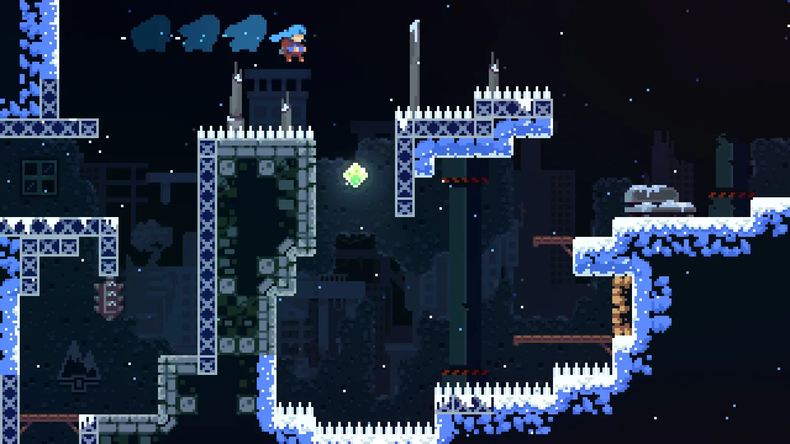 Celeste gameplay: Madeline climbing past spikes on a snowy mountain level