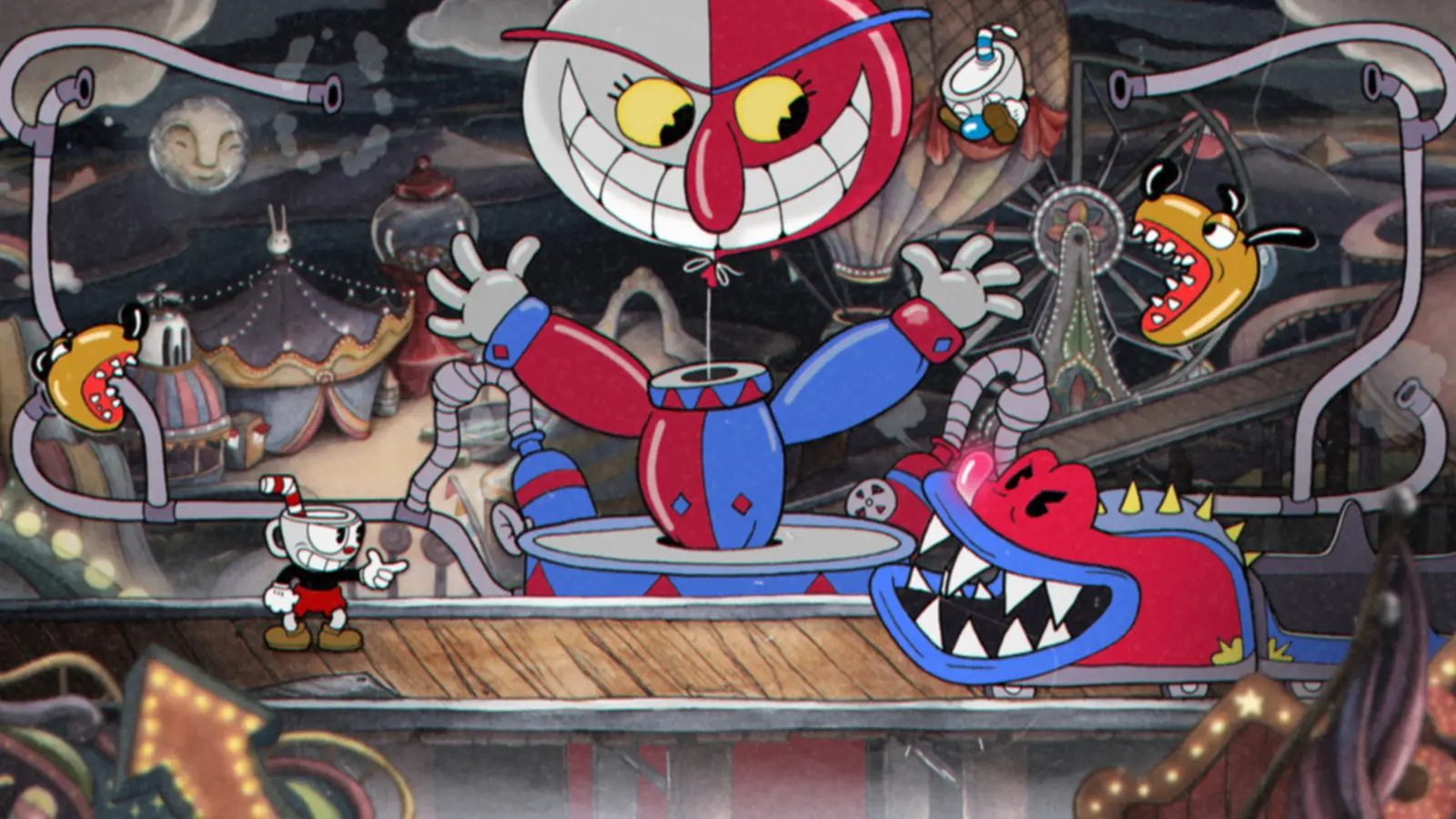 Cuphead gameplay: a cartoon boss fight in a 1930s carnival style