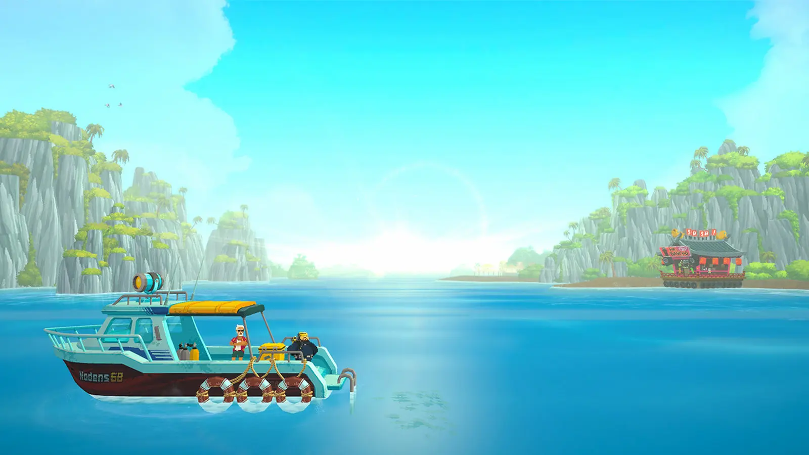Dave the Diver: Dave's boat on a sunny blue sea beside green islands