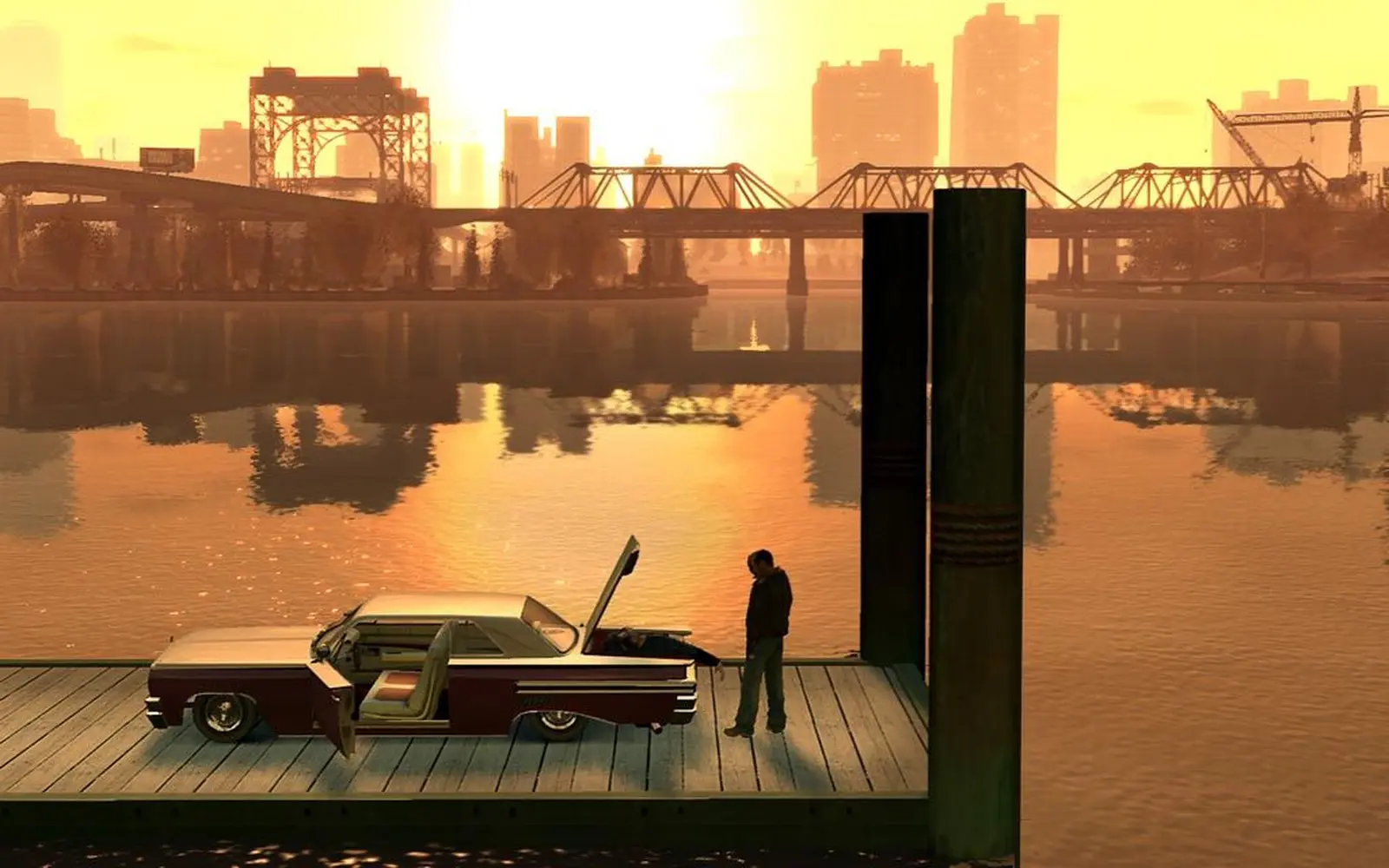 GTA IV: Niko Bellic on a dock at sunset with the Liberty City skyline behind