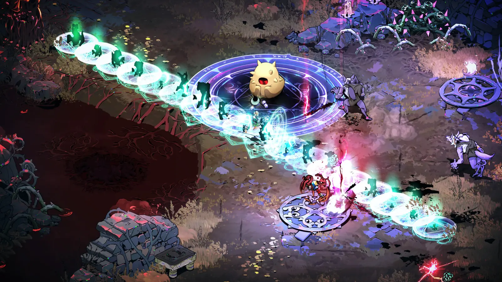 Hades II gameplay: a glowing spell lighting up a combat arena
