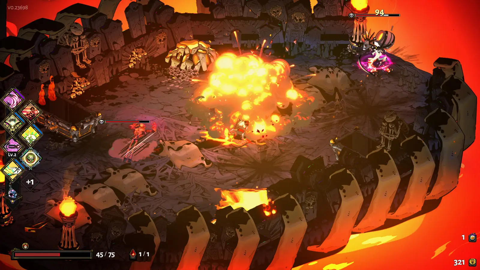 Hades gameplay: Zagreus fighting in a lava chamber of the underworld