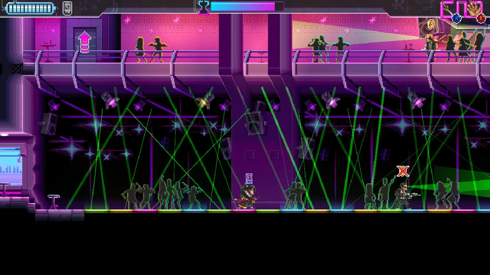 Katana ZERO gameplay: a neon nightclub level with laser lights