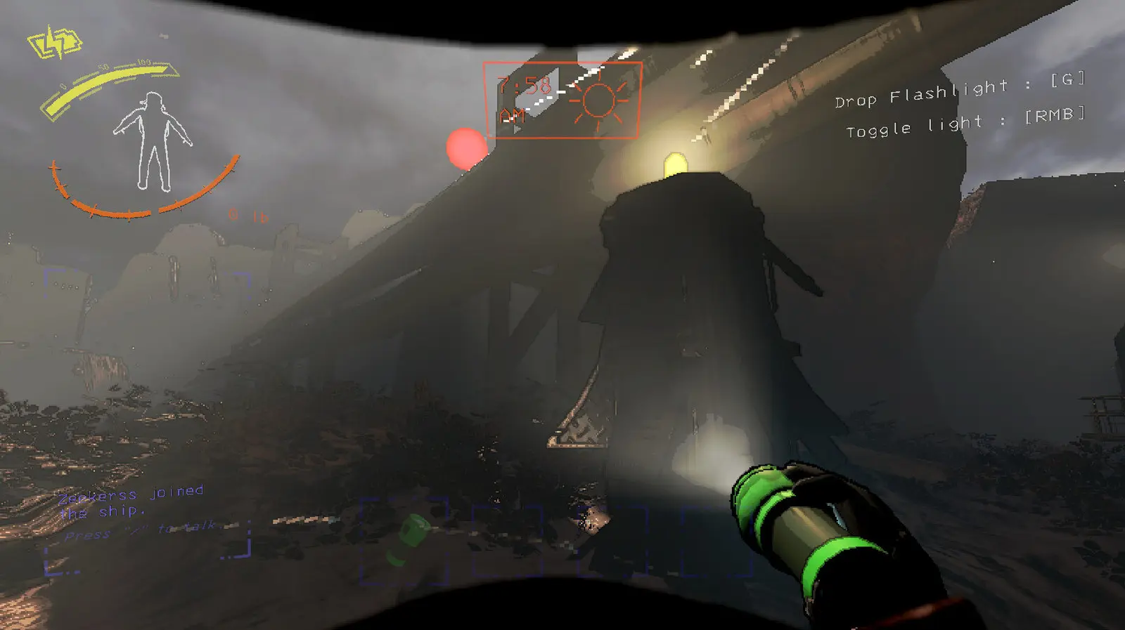 Lethal Company gameplay: a flashlight beam cutting through a dark facility