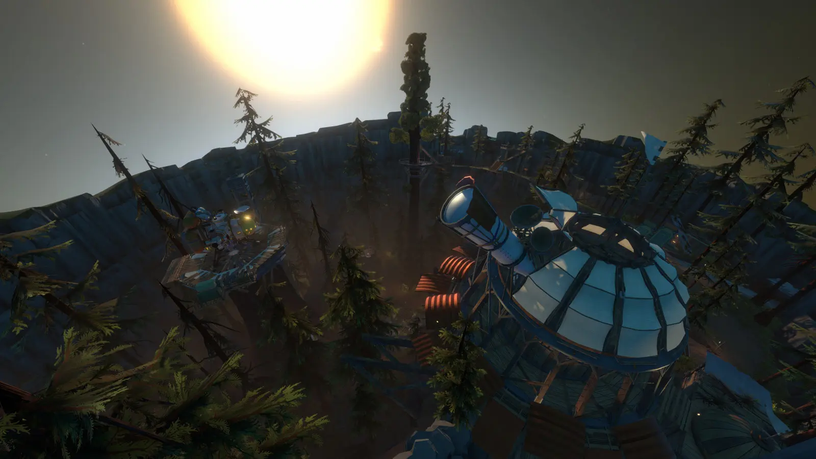 Outer Wilds: a domed building on a small planet under a bright sun
