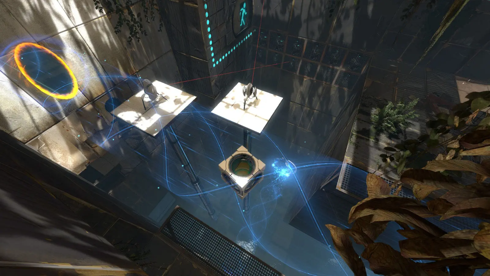 Portal 2 gameplay: blue and orange portals in an Aperture test chamber
