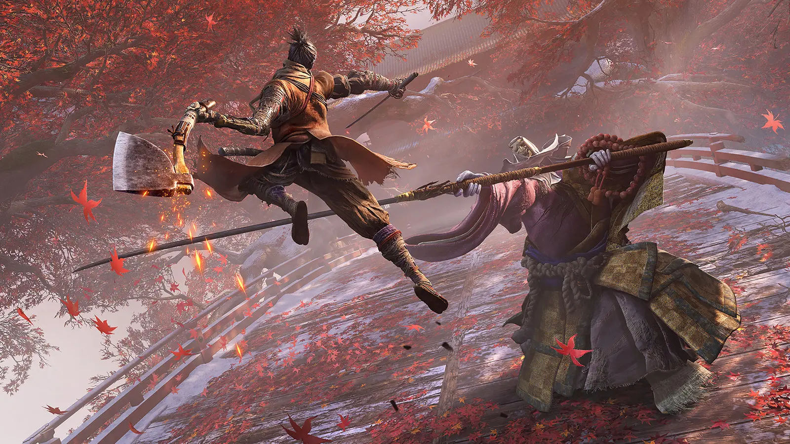 Sekiro gameplay: the shinobi leaping at an armoured samurai in the snow
