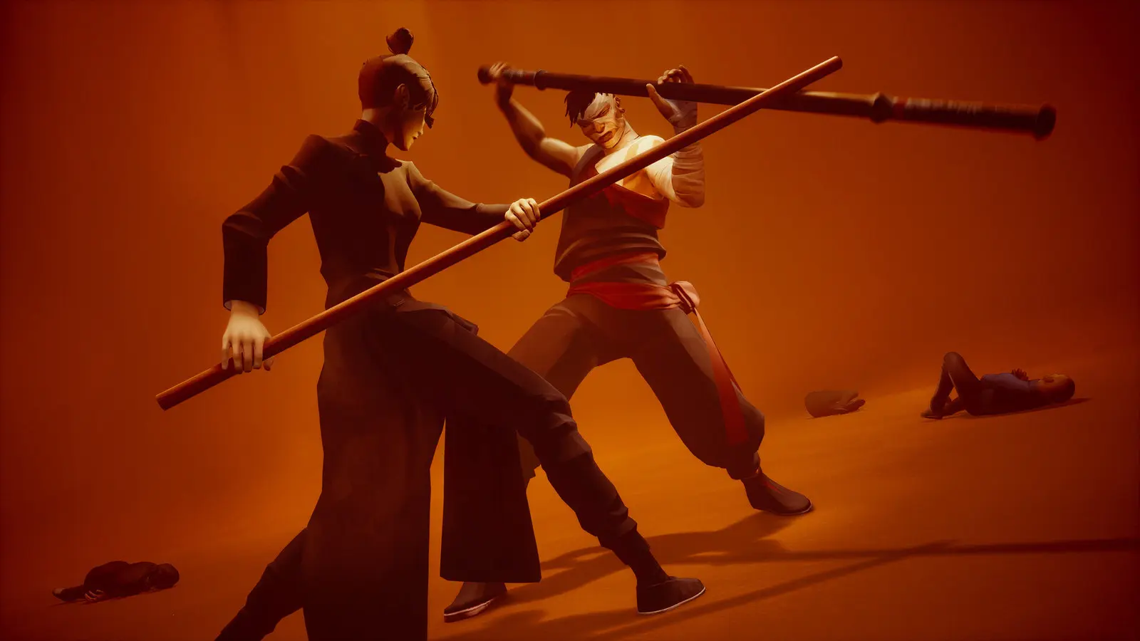 Sifu gameplay: a kung fu fight with a wooden staff in a red-lit room