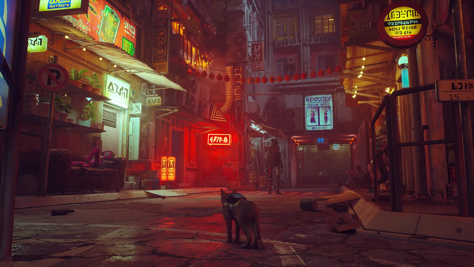Stray gameplay: the cat walking down a neon-lit alley in the walled city
