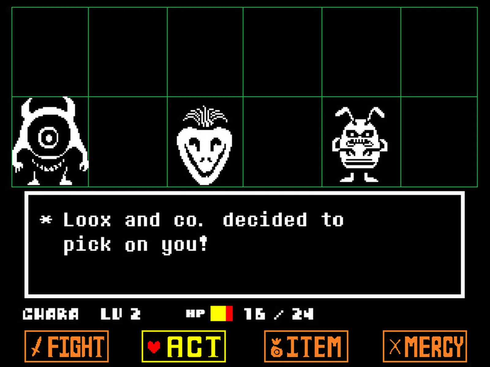 Undertale gameplay: a turn-based encounter with the Fight, Act, Item and Mercy menu
