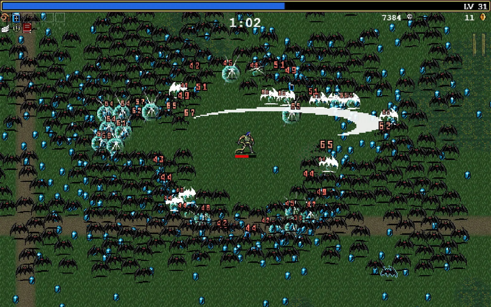 Vampire Survivors gameplay: one hero surrounded by hundreds of enemies