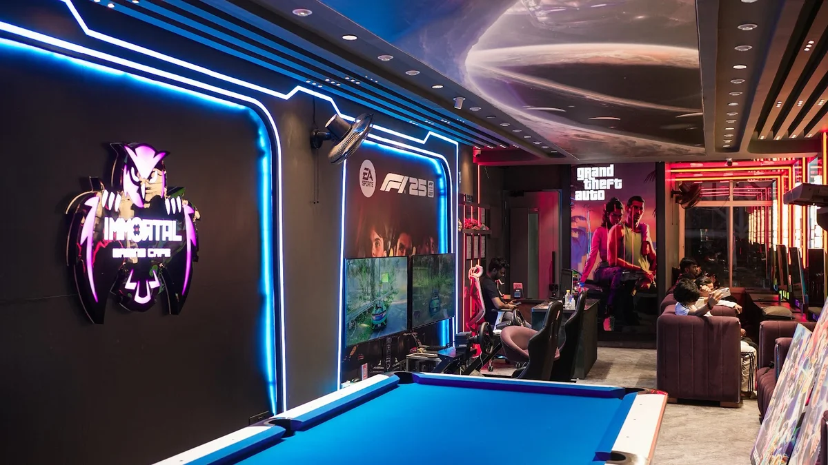 Immortal Gaming Cafe Delhi interior gaming setup with PCs