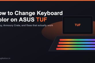 ASUS TUF gaming laptop keyboard lit up with RGB backlight color