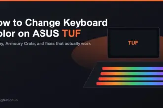 ASUS TUF gaming laptop keyboard lit up with RGB backlight color