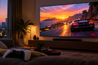 Large 4K TV showing a racing game in a living room at dusk, controller on the sofa