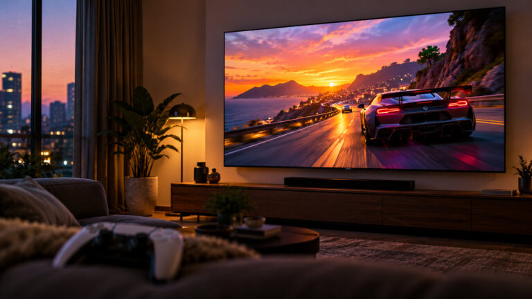 Large 4K TV showing a racing game in a living room at dusk, controller on the sofa