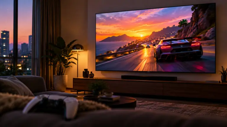 Large 4K TV showing a racing game in a living room at dusk, controller on the sofa