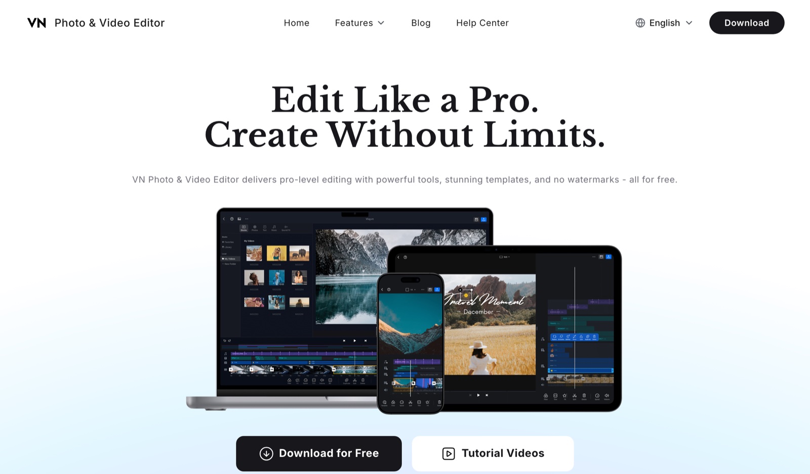 VN Video Editor website showing free download for Windows and Mac