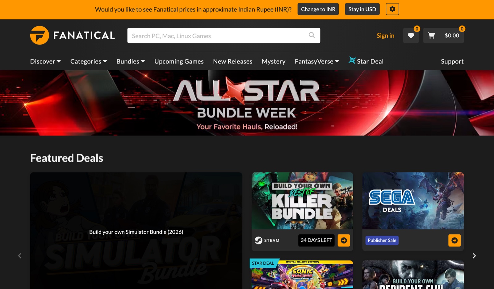 Is Fanatical Legit in India? (2026): The Authorized Key Store and Its India Catch 13 Fanatical homepage with approximate INR price prompt and bundle week