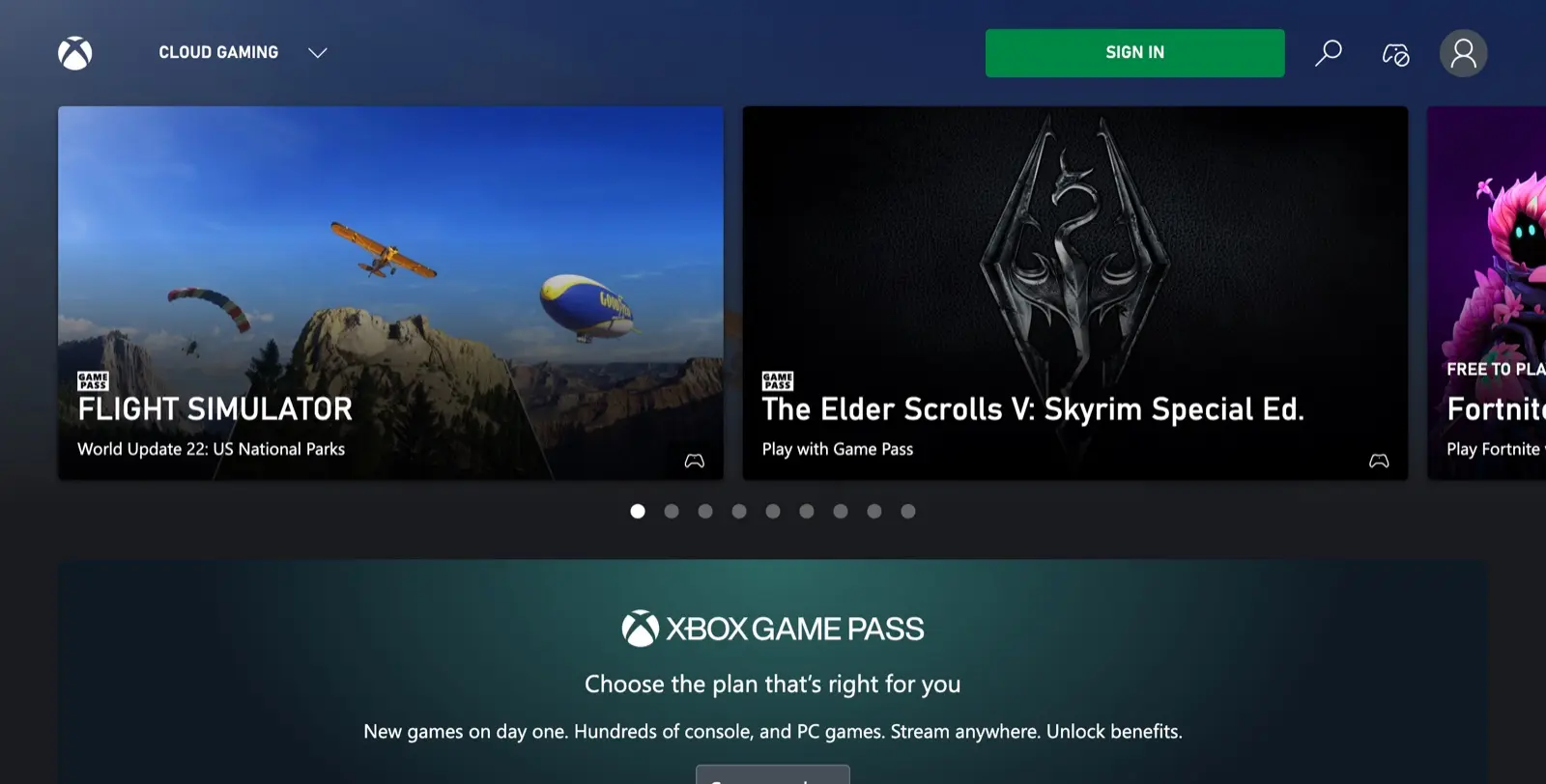 Xbox Cloud Gaming portal with Game Pass titles and free Fortnite streaming