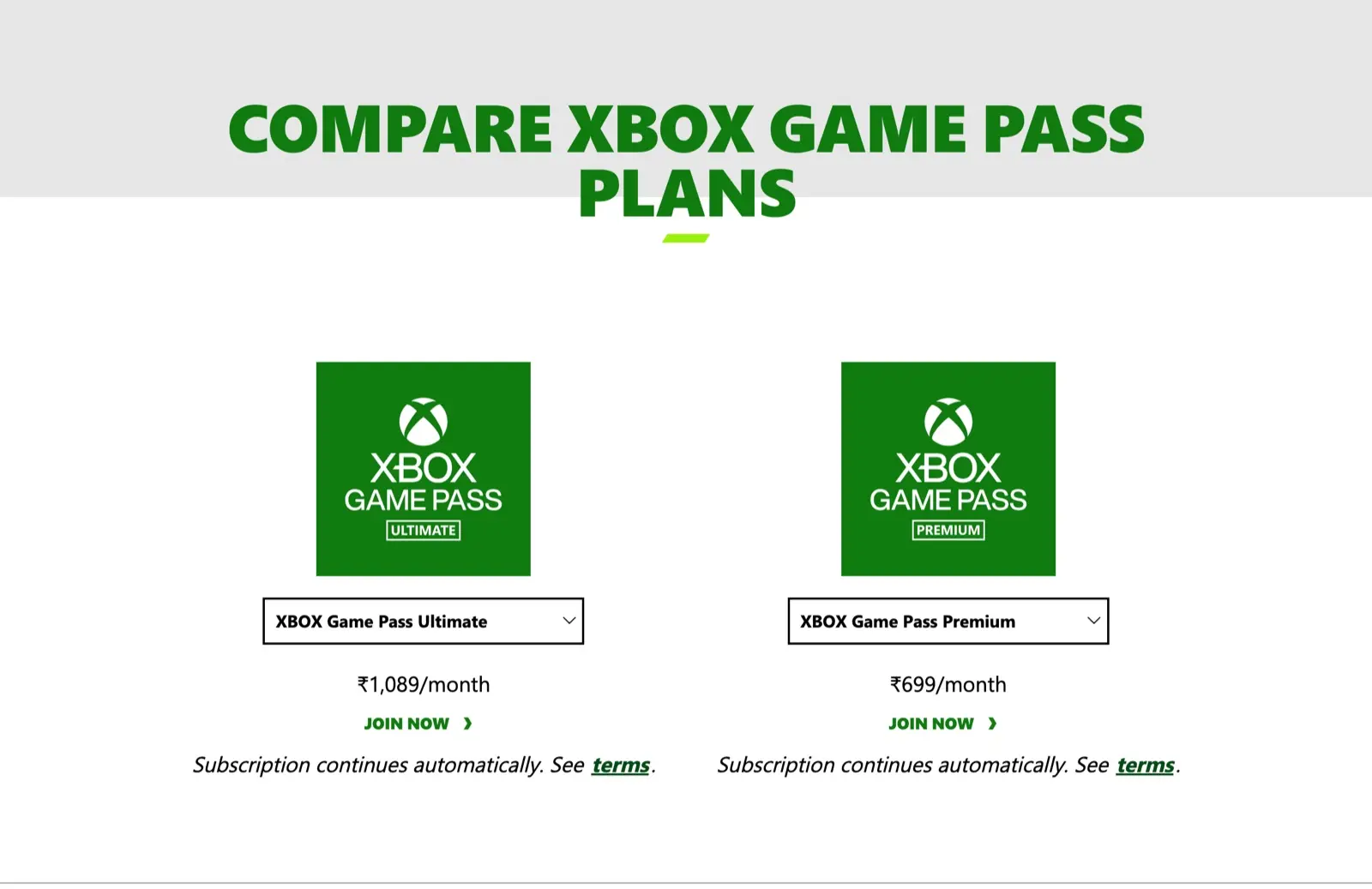 Official Xbox India compare plans page July 2026 showing Ultimate at 1,089 and Premium at 699 rupees