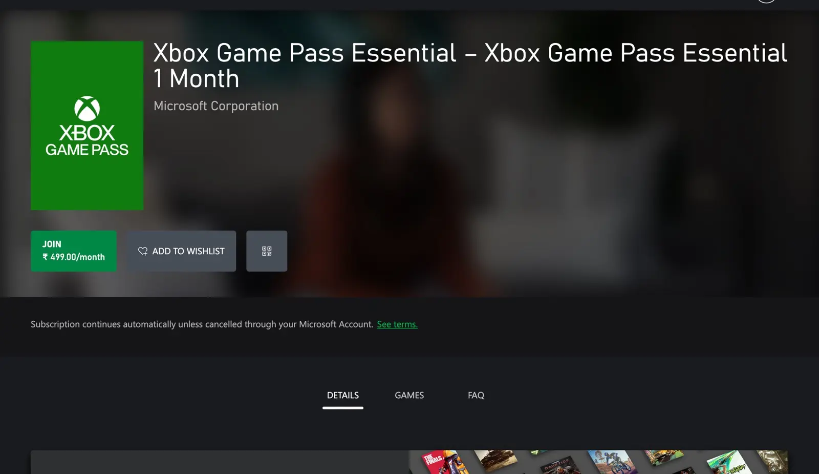 Xbox Game Pass Essential India store page showing 499 rupees per month