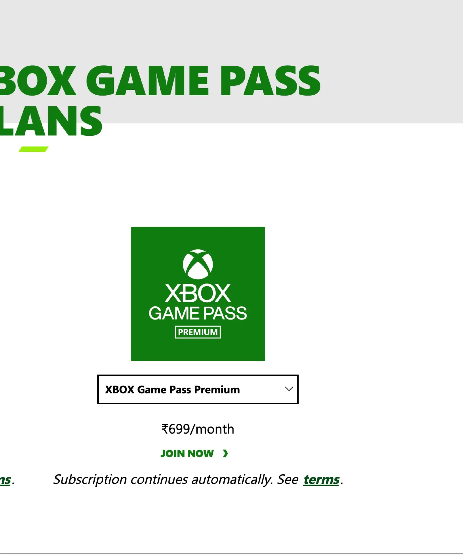 Xbox Game Pass Premium on the official India compare page at 699 rupees per month