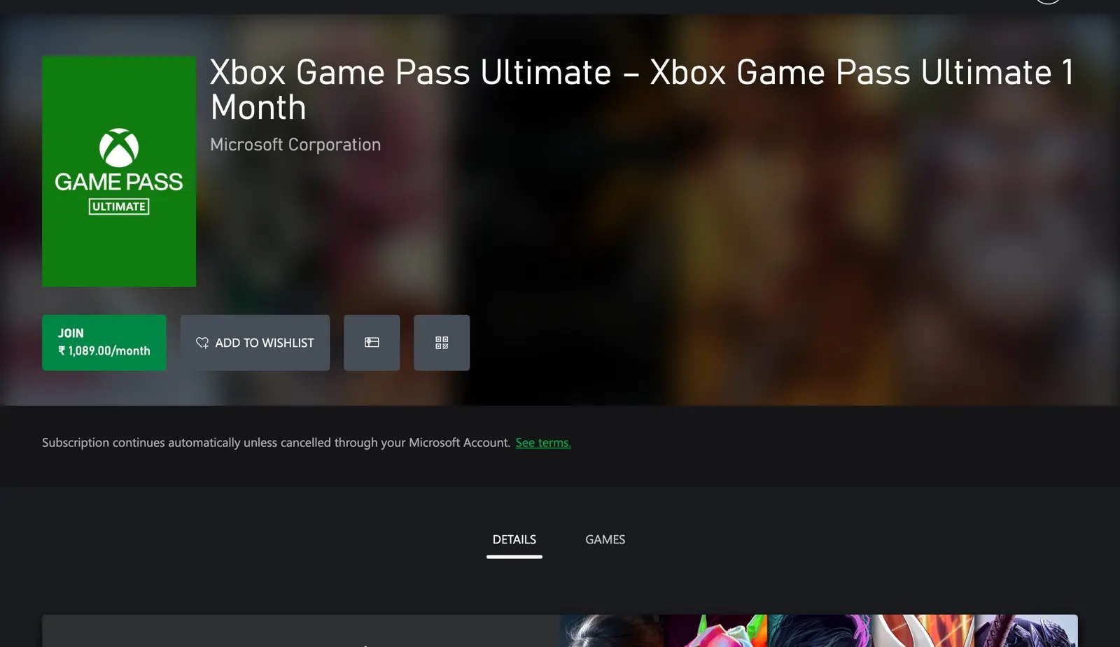 Xbox Game Pass Ultimate India store page showing 1,089 rupees per month